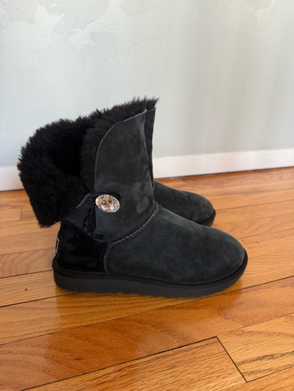 UGG Black Suede Short Boot with Shearling Collar and Button Accent